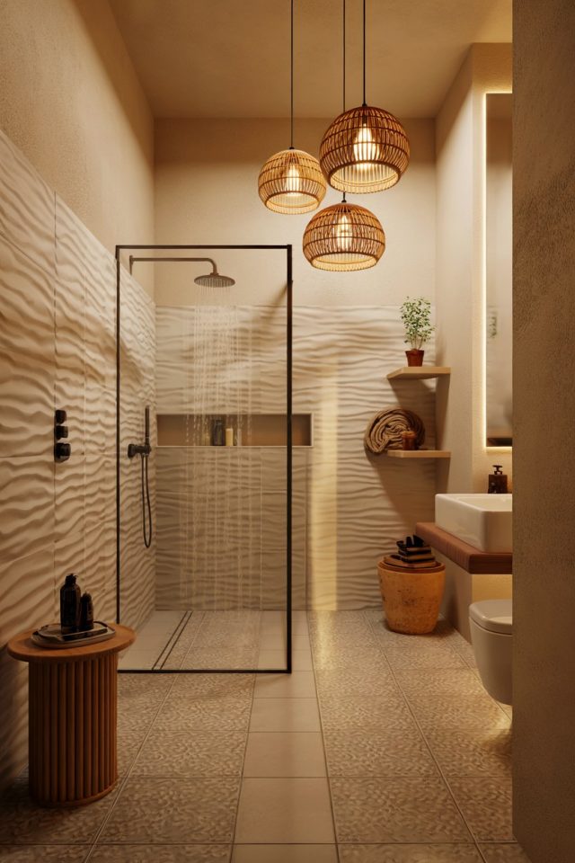 Modern Luxury Bathroom Design with Woven Pendant Lights and Spa Vibes