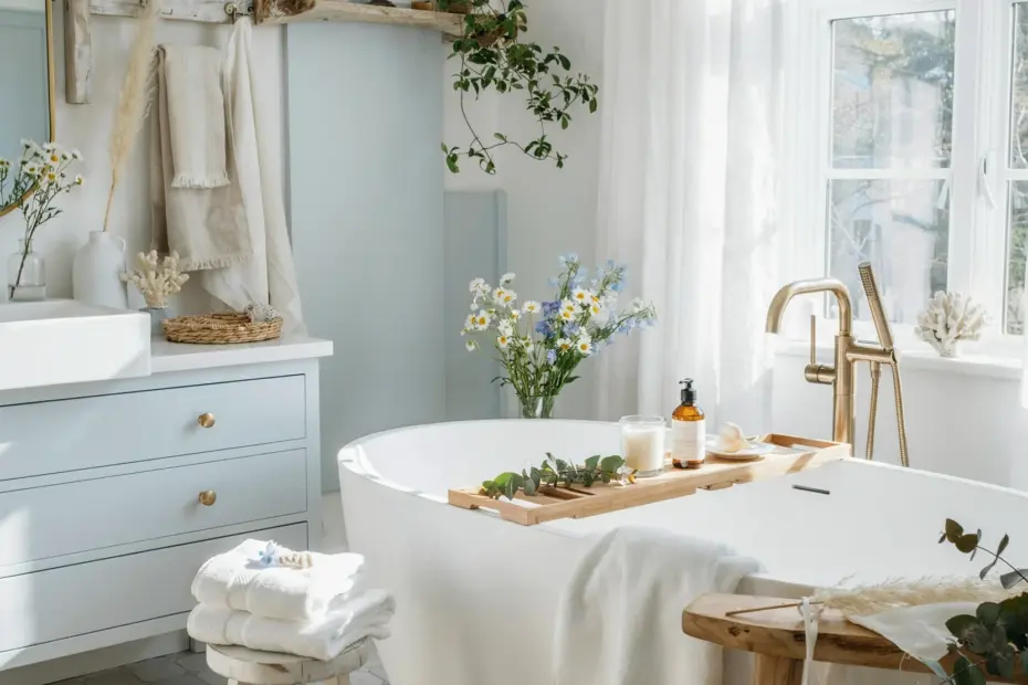 Bathroom Aesthetic Ideas | Candlelit Bathtub with Natural Touches | Spa Bath Decor