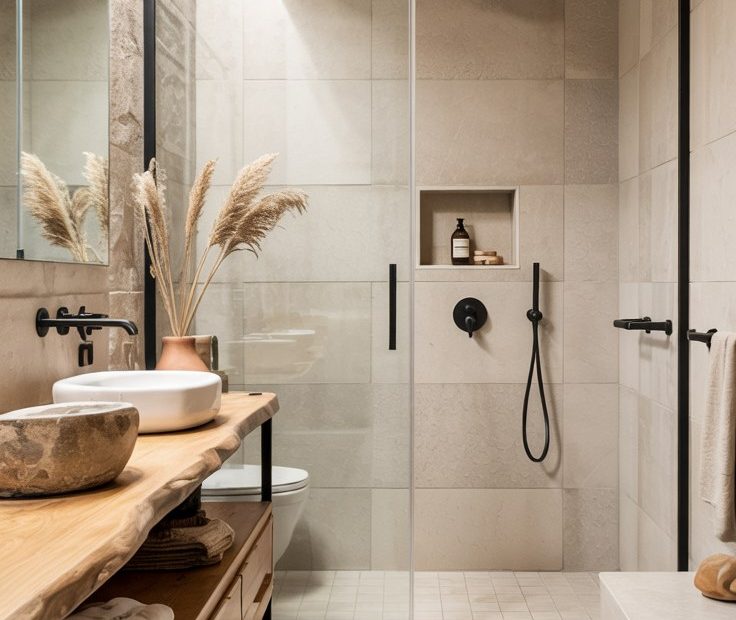 Modern Desert Bathroom with Matte Terracotta Tiles and Reclaimed Wood Vanity