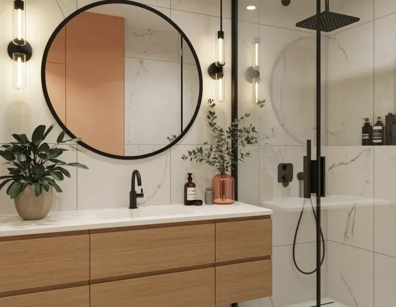 Cozy white marble bathroom with wood vanity and black mirror