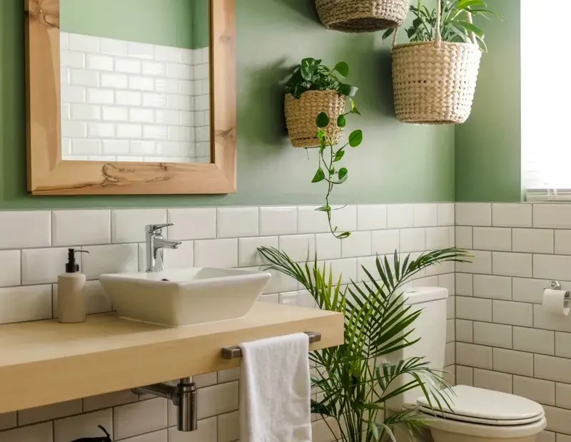 How to style a sage green bathroom with plants and natural textures