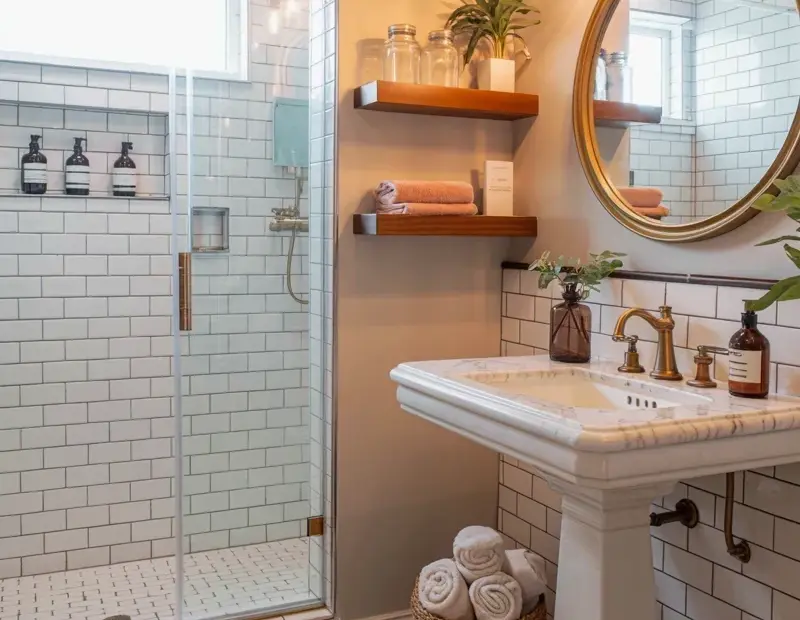 Bright White Subway Tile Bathroom with Pedestal Sink & Bronze Faucet Ideas
