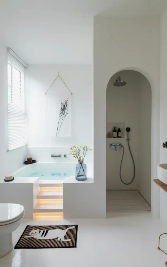 Budget-Friendly Japanese Bathroom Makeover | Minimalist White Tub with Illuminated Steps & Cat Mat