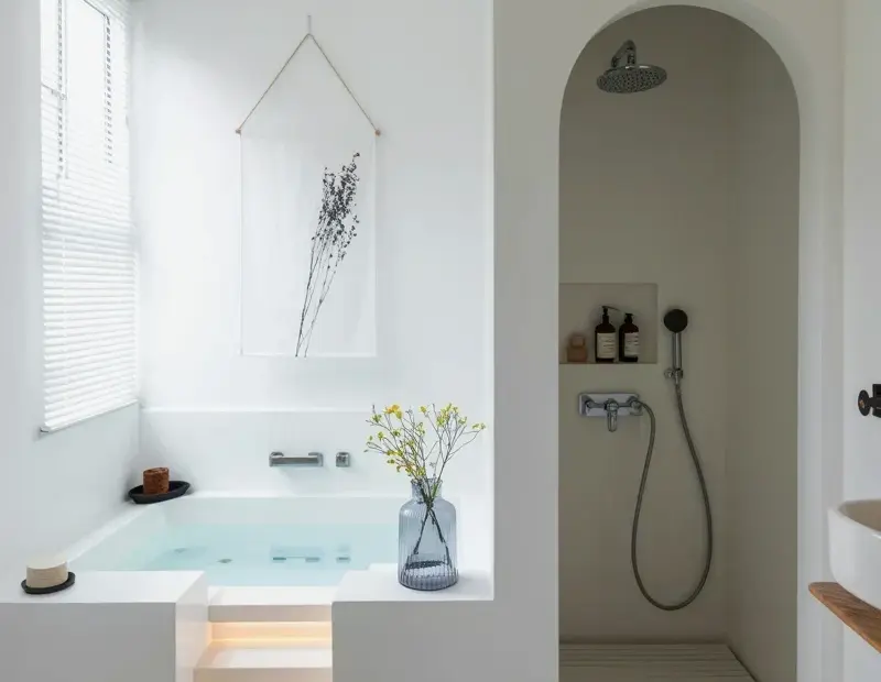 Budget-Friendly Japanese Bathroom Makeover | Minimalist White Tub with Illuminated Steps & Cat Mat