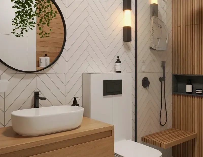 Boho bathroom spring refresh – chevron tiles, floating vanity & pothos vibe