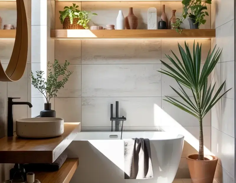 Spring Bathroom Refresh: Minimalist Shelves with Plants and Warm Tiles 🌱