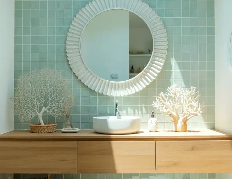Mint Green Bathroom Tiles with a Scalloped Shell Mirror and Floating Vanity