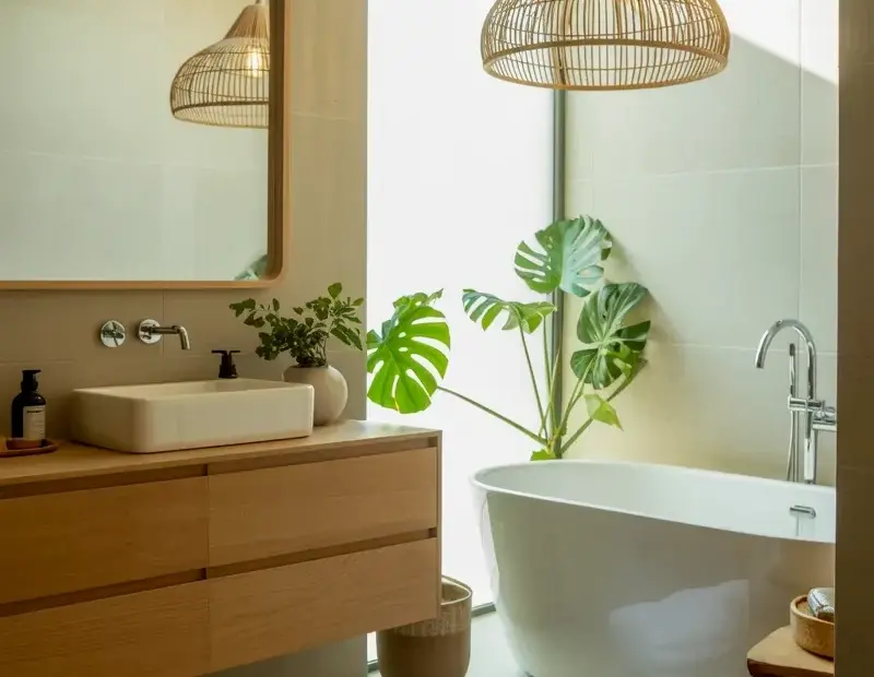 Freestanding bathtub in a modern minimalist bathroom with woven pendant lights