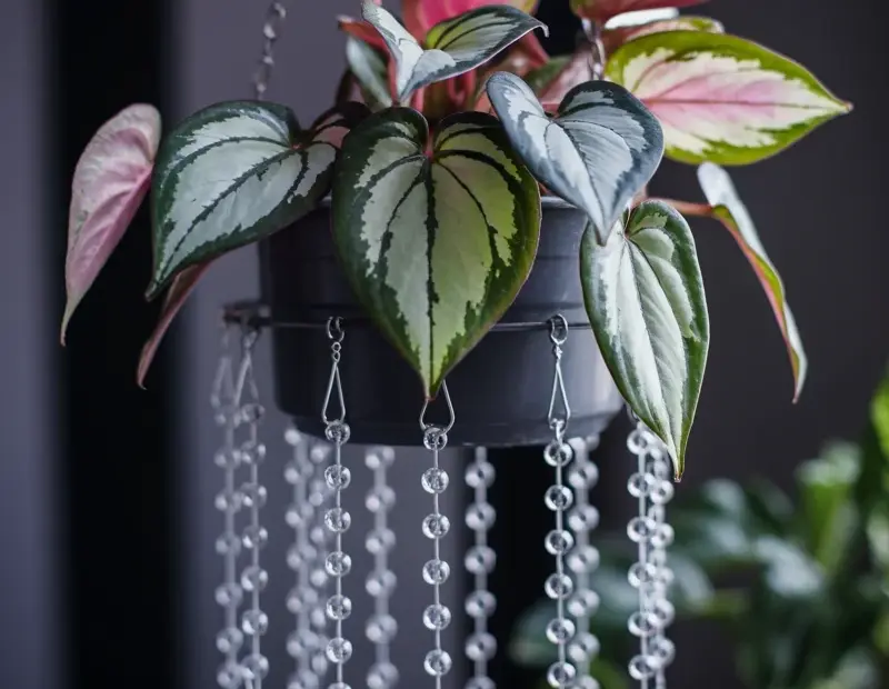 Neutral Bathroom Plant Decor | Pink Variegated Hanging Plant with Glass Beads | Small Space Greenery Idea