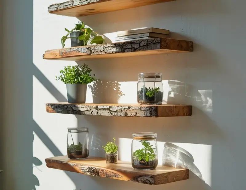 Rustic Floating Shelves for Bathroom Decor | Natural Wood Plant Display Idea