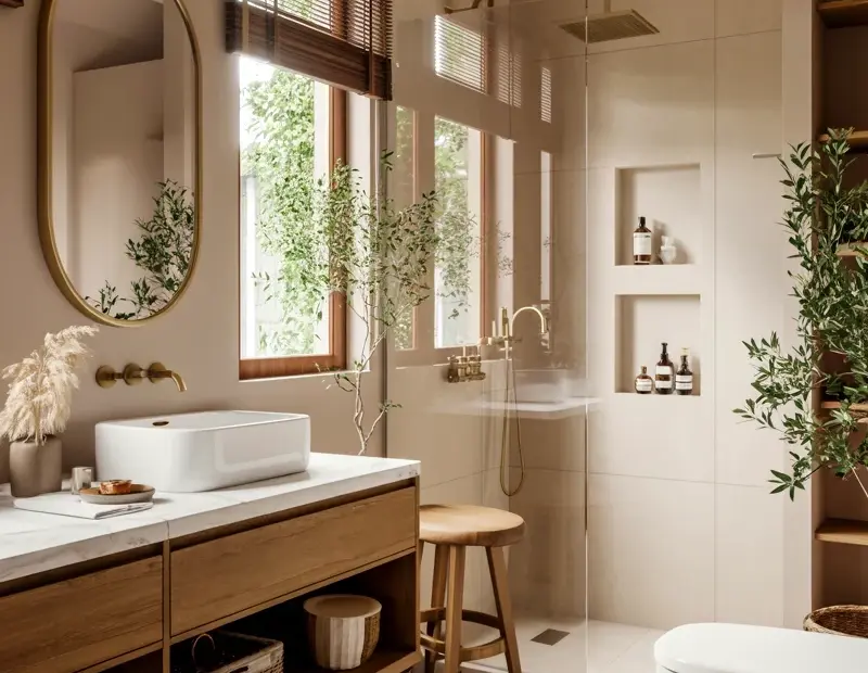 Neutral Minimalist Bathroom Decor | Floating Wood Vanity & Brass Mirror | Apartment Ideas