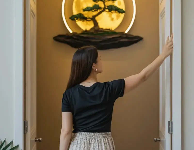Full Moon Wall Art Over Bonsai | Cozy Autumn Hallway Decor Idea