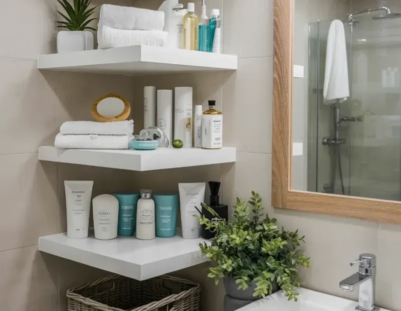 Floating Corner Shelves for Small Bathroom Storage | Modern Oak Vanity & Plants
