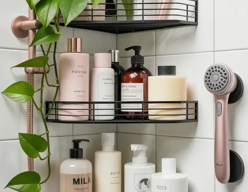 Corner shower shelf organization with pothos + pink accents | cozy small bathroom ideas