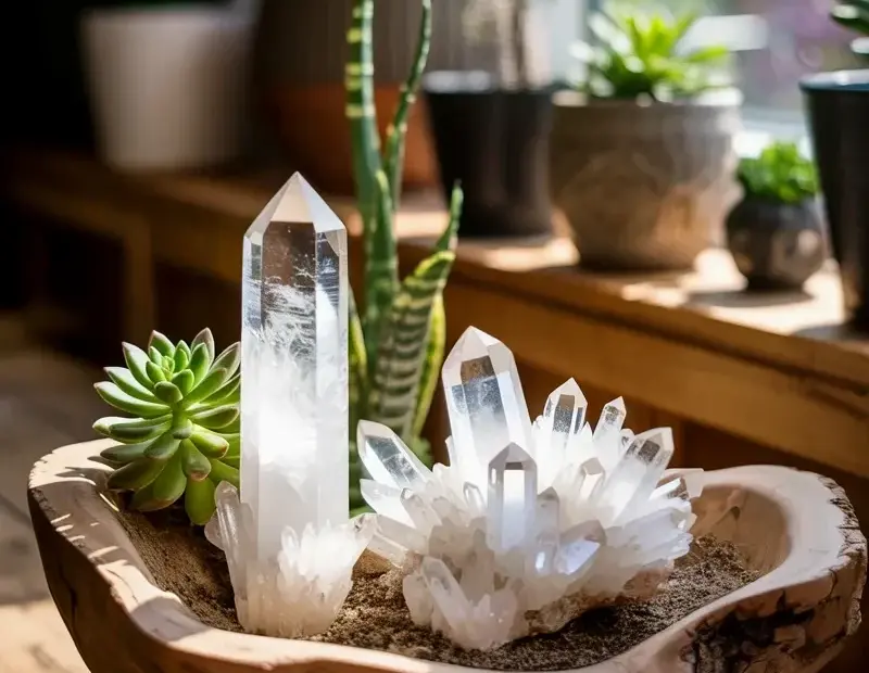 Crystal Bowl Decor with Clear Quartz and Succulents in a Driftwood Bowl