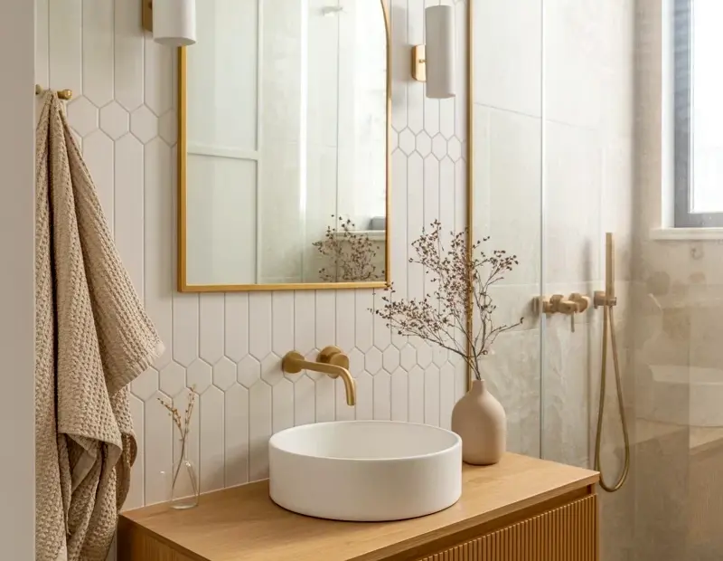 Budget Bathroom Decor Ideas with Floating Oak Vanity & Hexagon Tile