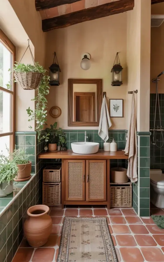 Mediterranean Boho Bathroom Ideas with Terracotta Tiles and Cane Vanity