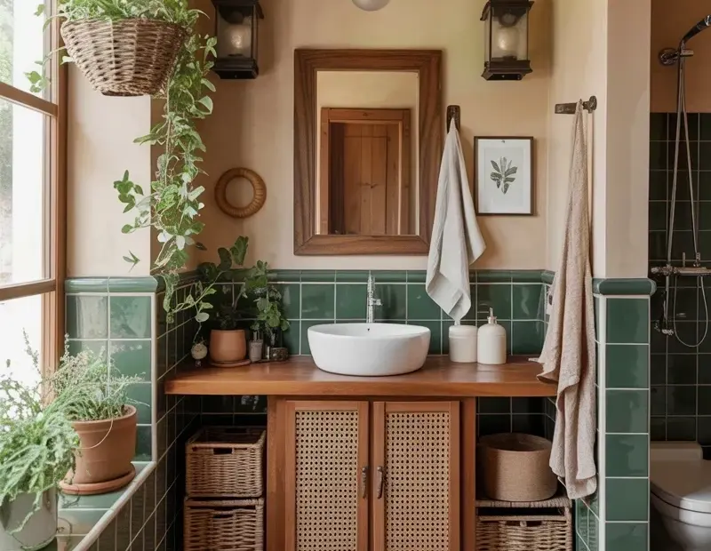 Mediterranean Boho Bathroom Ideas with Terracotta Tiles and Cane Vanity