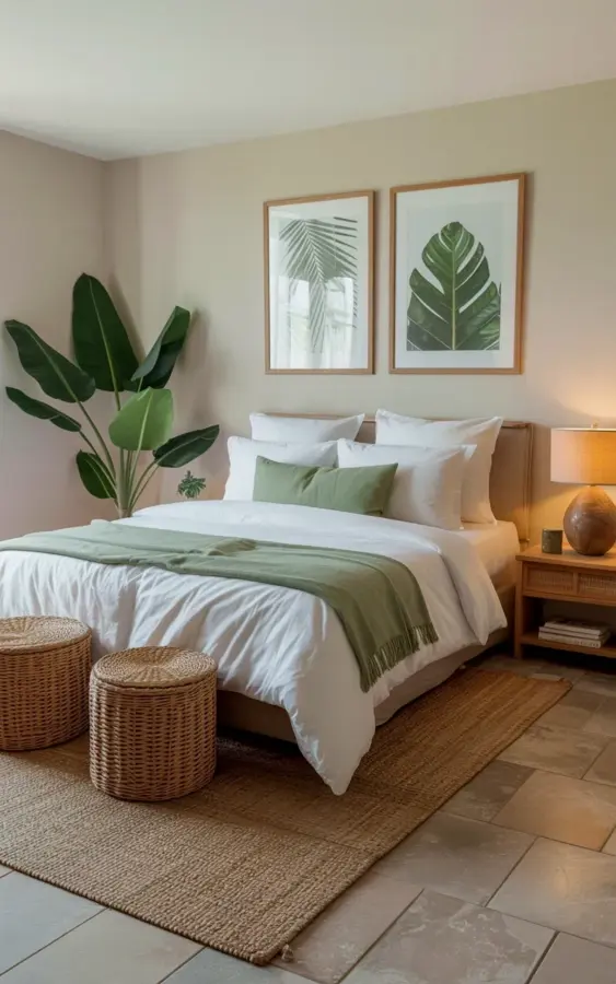 Tropical Boho Bedroom with Botanical Prints & Basket Ottomans