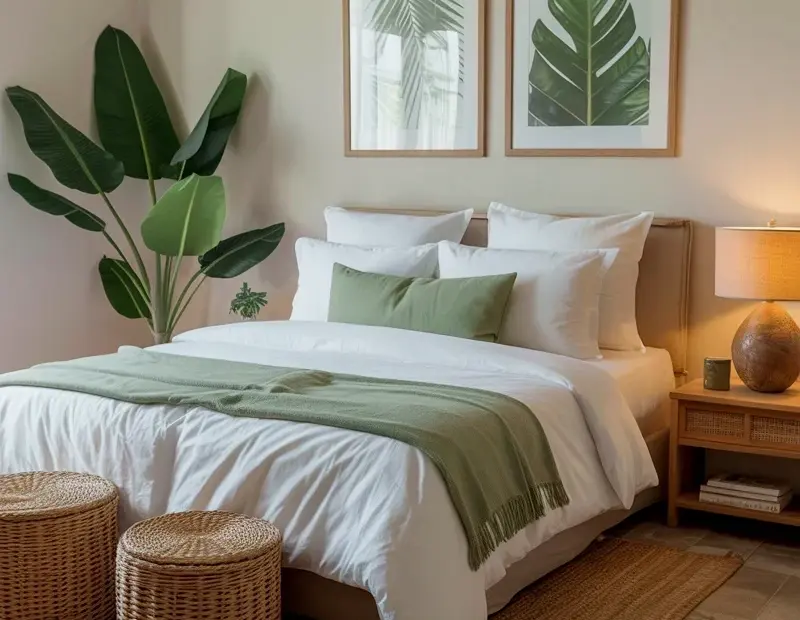 Tropical Boho Bedroom with Botanical Prints & Basket Ottomans