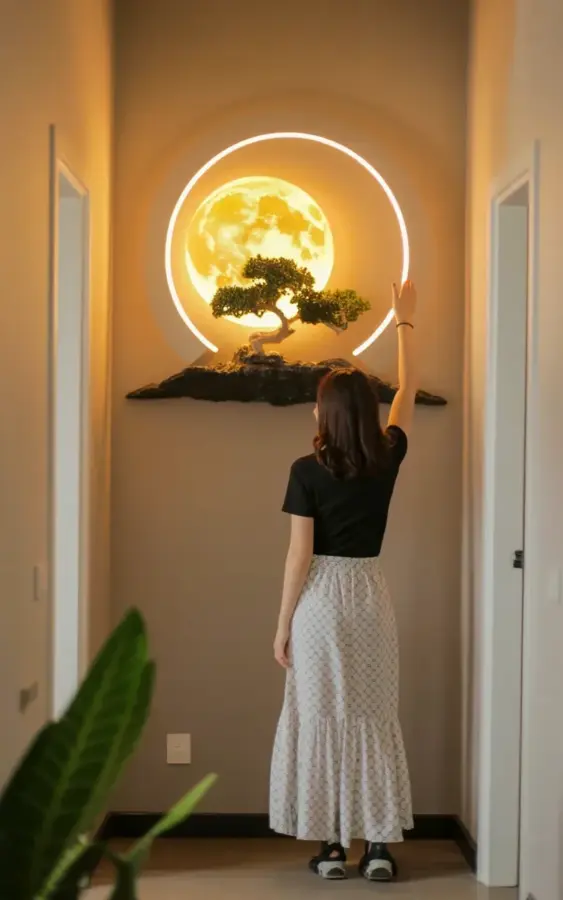 Full moon wall art mistake to avoid | hallway decor with bonsai and LED ring