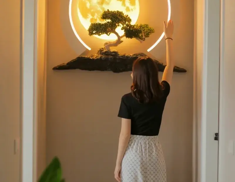 Full moon wall art mistake to avoid | hallway decor with bonsai and LED ring