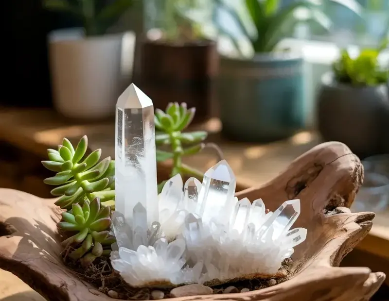 Quartz Crystals in Driftwood Bowl - Spring Centerpiece with Succulents