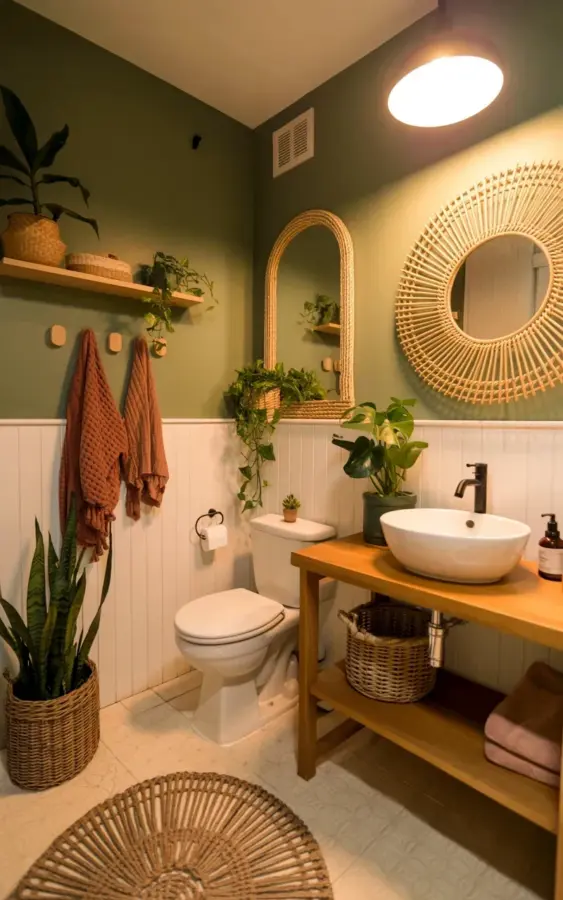 Boho Bathroom with Sage Green Walls and Rattan Mirrors for Spring
