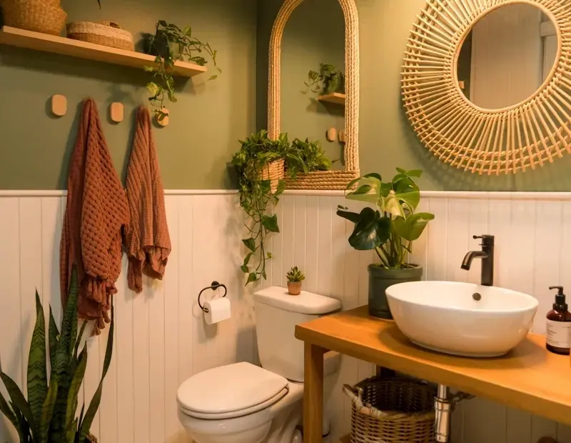 Boho Bathroom with Sage Green Walls and Rattan Mirrors for Spring