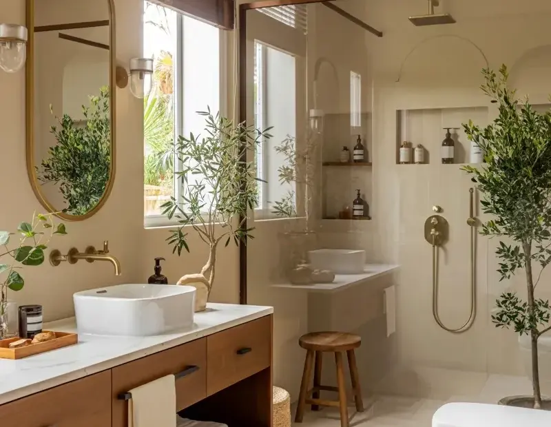 Cozy Modern Bathroom Vanity Ideas for Fall - Neutral Wood & Marble